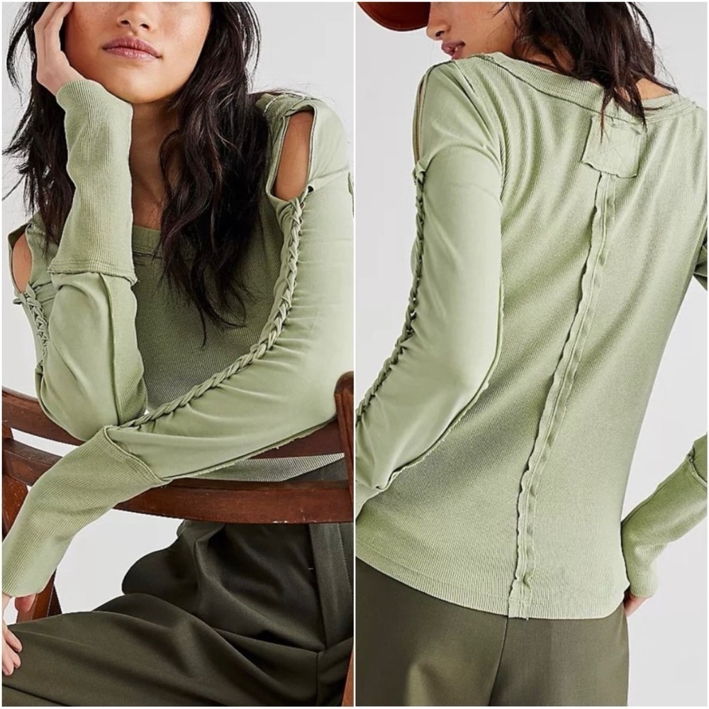 Free People We The Free Top Daisy Chain Cuff Long Sleeve Tee Green Tea Leaves L - Picture 2 of 14